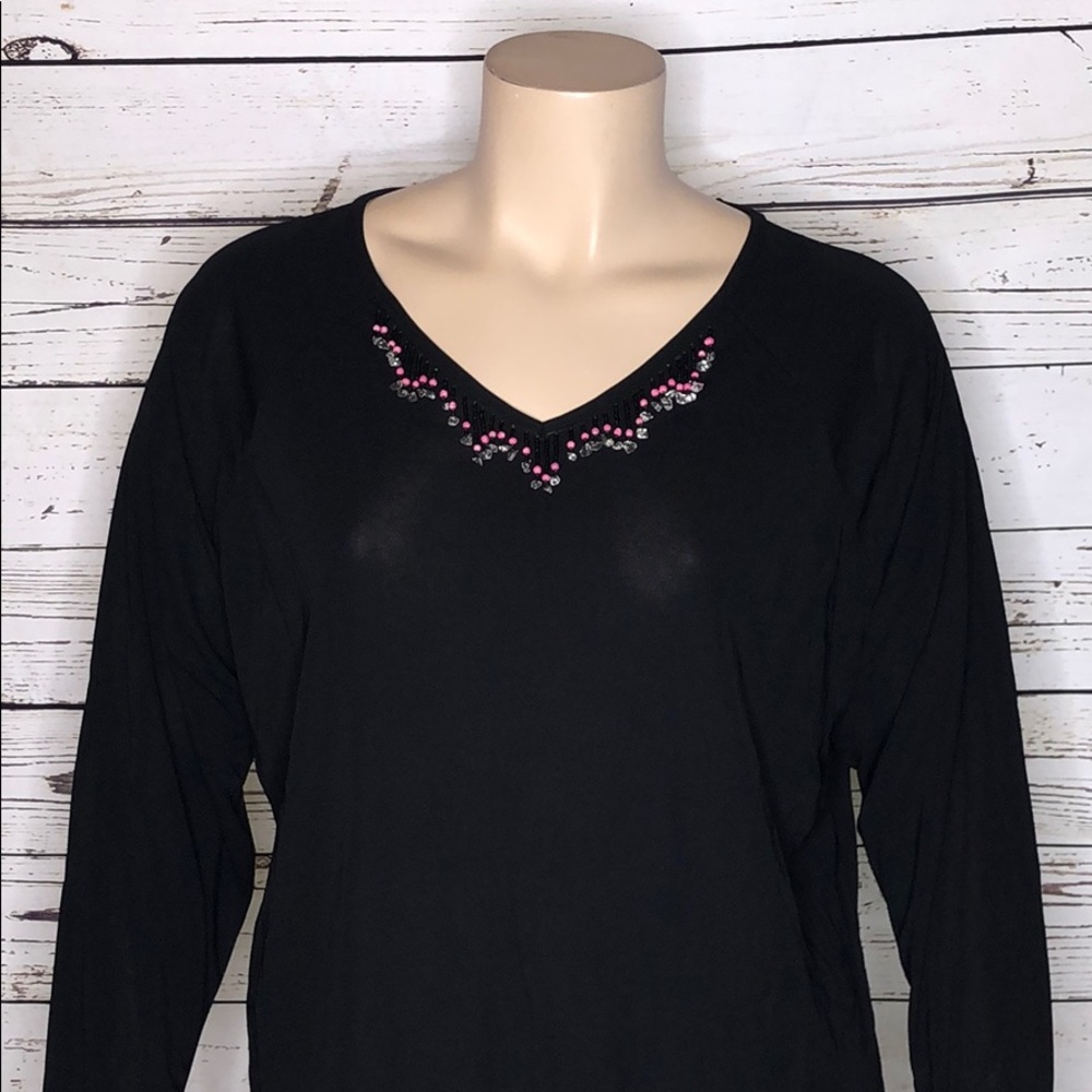 Carole Little NWT Size 2X Black - Pink Bead Fringe V-Neck Rayon Knit Blouse Top - Picture 2 of 6